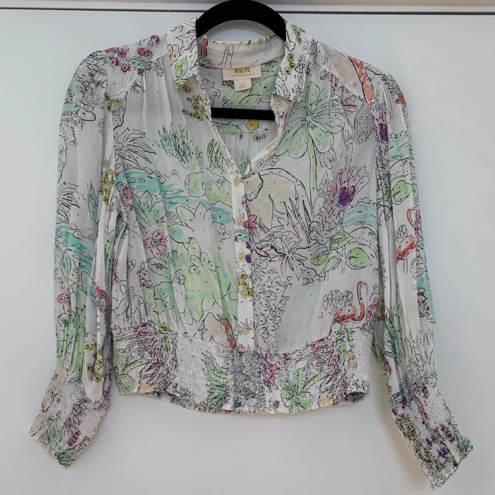 Anthropologie Maeve Jungle Rosa Blouse in Ivory